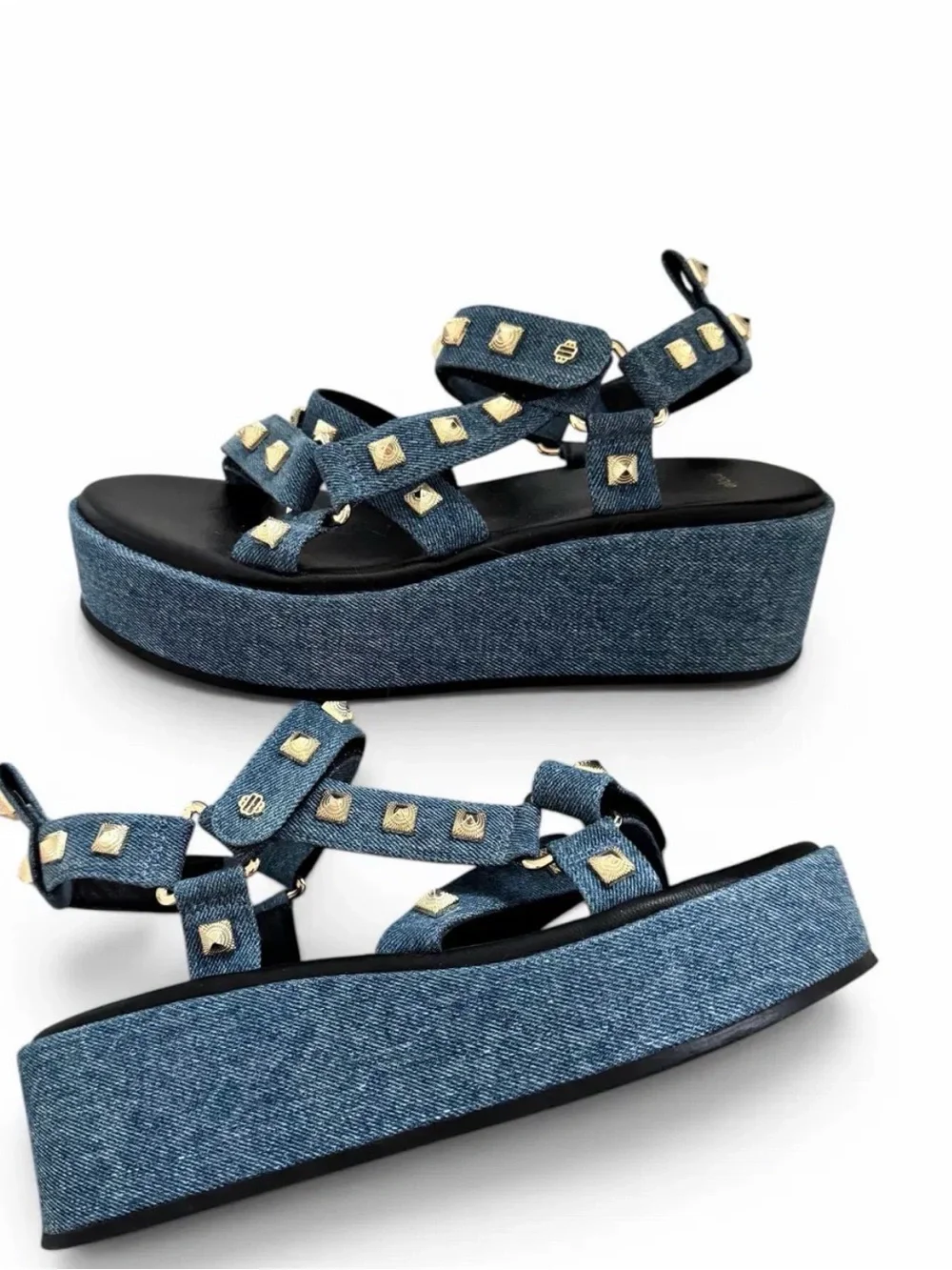 MAJE Denim Platform Stud Sandals, 36